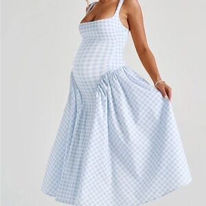 Light Blue Gingham Maternity Maxi Dress
